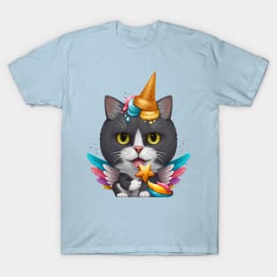 Black & White Cat Ice Cream Unicorn T-Shirt